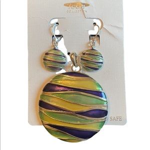 Blue/Green and Yellow Earring and Medallion/Brooch Set